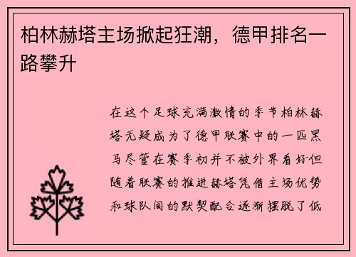 柏林赫塔主场掀起狂潮，德甲排名一路攀升