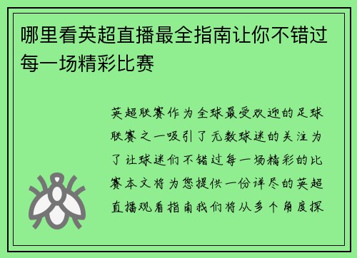哪里看英超直播最全指南让你不错过每一场精彩比赛